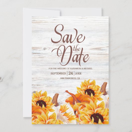 Rustige witte Waterverf Pumpkin Sunflower Sa Save The Date (Voorkant)