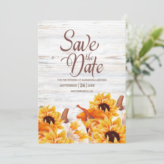 Rustige witte Waterverf Pumpkin Sunflower Sa Save The Date (Staand voorkant)