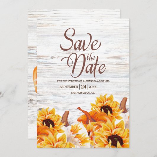 Rustige witte Waterverf Pumpkin Sunflower Sa Save The Date (Voorkant / Achterkant)