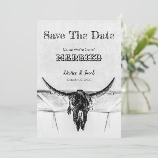 Rustige witte zwarte Westerne Koe schedel sparen d Save The Date (Staand voorkant)