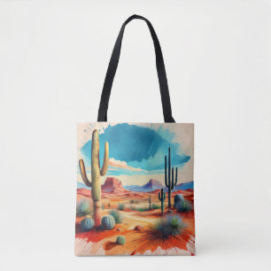 Rustige woestijnscène met torenhoge cactussen tote bag