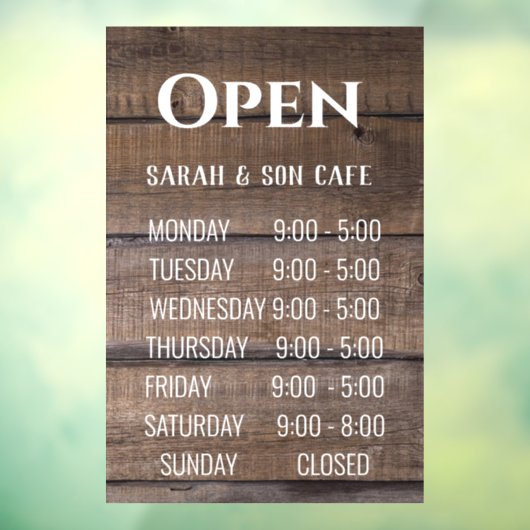 Rustige Wood Business Restaurant Open Hours Sign Raamsticker (Vel 3)