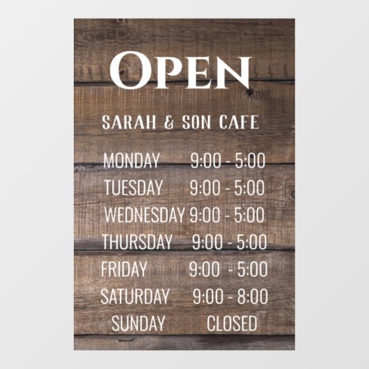 Rustige Wood Business Restaurant Open Hours Sign Raamsticker (Vel)