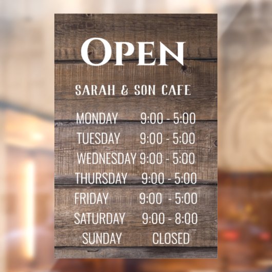 Rustige Wood Business Restaurant Open Hours Sign Raamsticker (Vel 2)