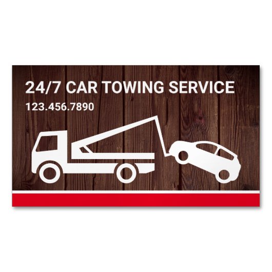 Rustige Wood Car Towing Service Tow Truck Magnetisch Visitekaartje (Voorkant)