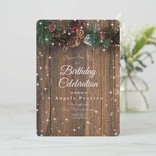 Rustige Wood Country Kerstmis Pine Garland Sparkle Kaart (Staand voorkant)
