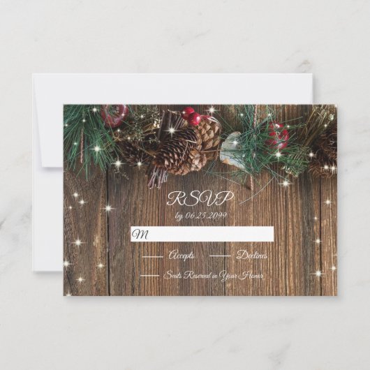 Rustige Wood Country Kerstmis Pine Garland Sparkle RSVP Kaartje (Voorkant)