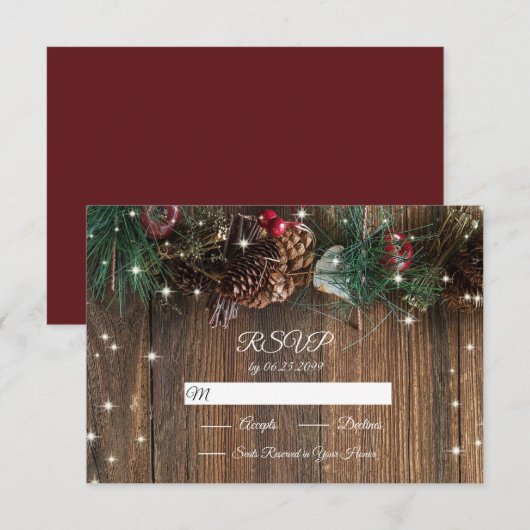 Rustige Wood Country Kerstmis Pine Garland Sparkle RSVP Kaartje (Voorkant / Achterkant)