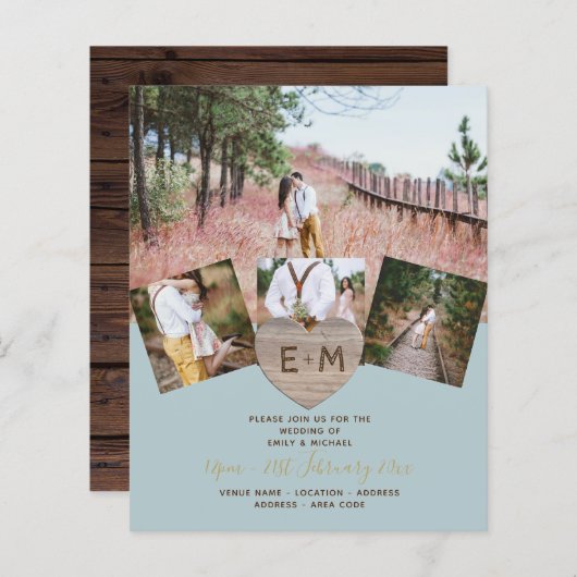 Rustige Wood gegraveerd Hart PHOTO COLLAGE BUDGET (Voorkant / Achterkant)