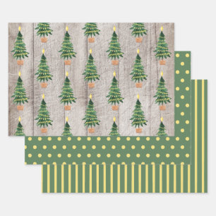 Rustige Wood Green Gold Kerstmis Polka Dots Stripe Inpakpapier Vel
