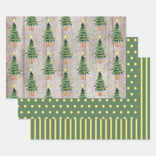Rustige Wood Green Gold Kerstmis Polka Dots Stripe Inpakpapier Vel (Set)