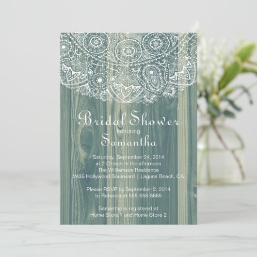 Rustige  Wood Lace Bridal Shower Invitation Kaart (Staand voorkant)