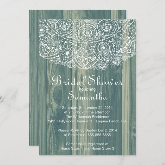 Rustige  Wood Lace Bridal Shower Invitation Kaart (Voorkant / Achterkant)