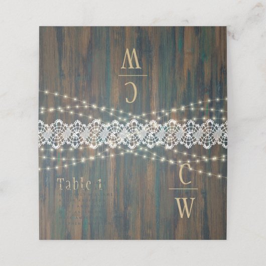 Rustige wood Lace Lights Wedding Table Number Name Plaatskaartje (Buitenkant ongevouwen)
