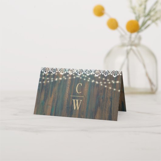 Rustige wood Lace Lights Wedding Table Number Name Plaatskaartje (Achterkant)