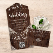 Rustige Wood Lace String Lights Wedding QR Code All In One Uitnodiging