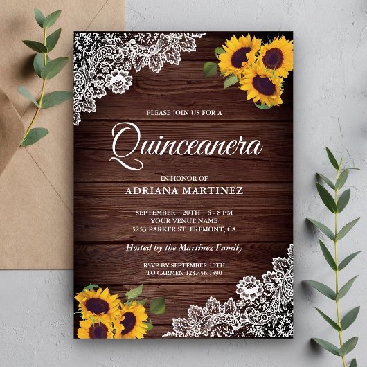  Rustige Wood Lace Sunflower Quinceanera Kaart