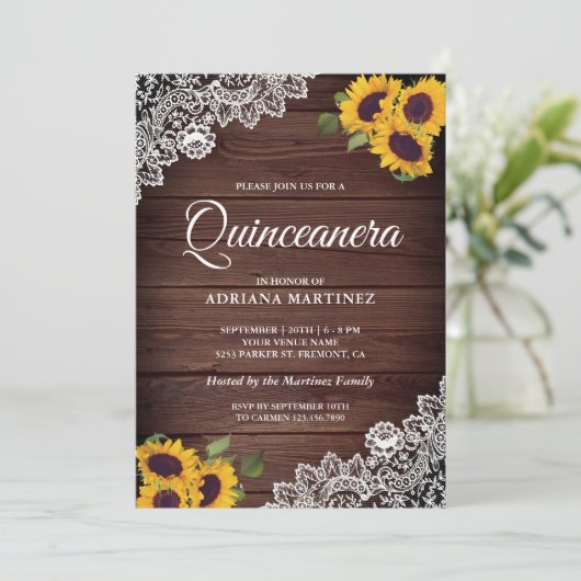  Rustige Wood Lace Sunflower Quinceanera Kaart (Staand voorkant)