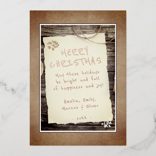 Rustige Wood oud Papierscript kerst Folie Feestdagenkaart (Voorkant)