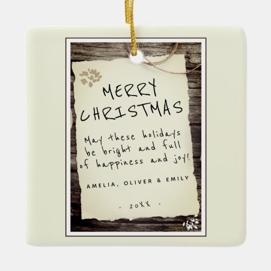 Rustige Wood oud Papierscript kerst Keramisch Ornament (Voorkant)