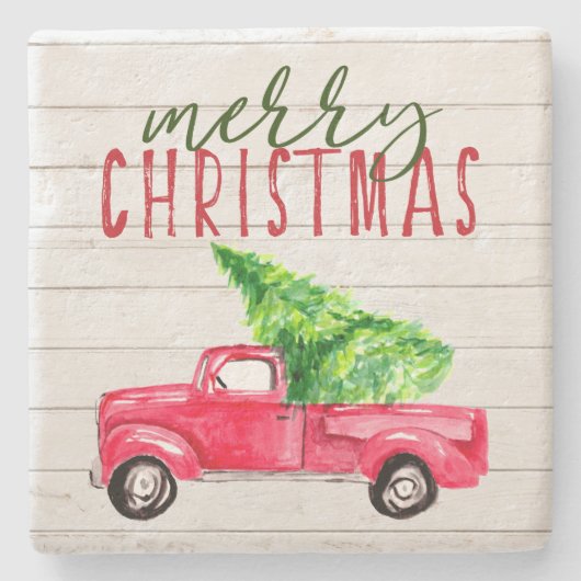 Rustige Wood Red  Pickup Truck kerst Stenen Onderzetter (Voorkant)