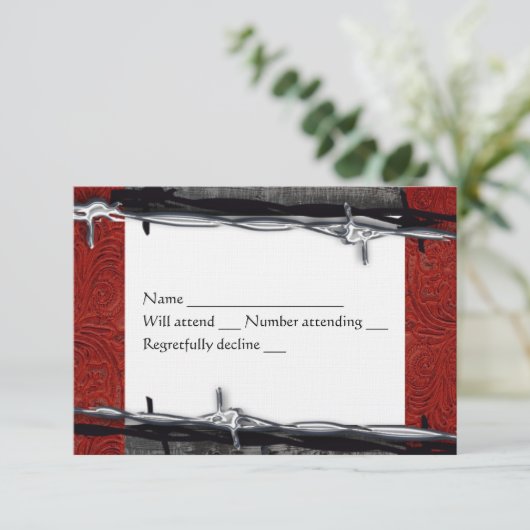 Rustige Wood Rood Leder Barbed Wire Cowboy rsvp (Staand voorkant)