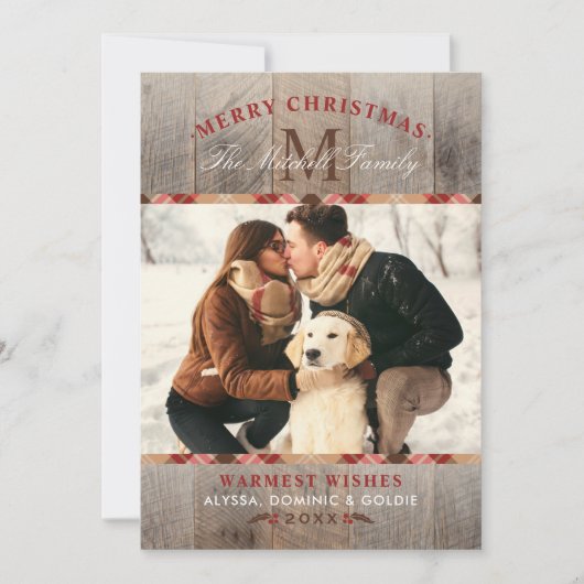 Rustige Wood Rood Tartan kerstmonogram Feestdagenkaart (Voorkant)