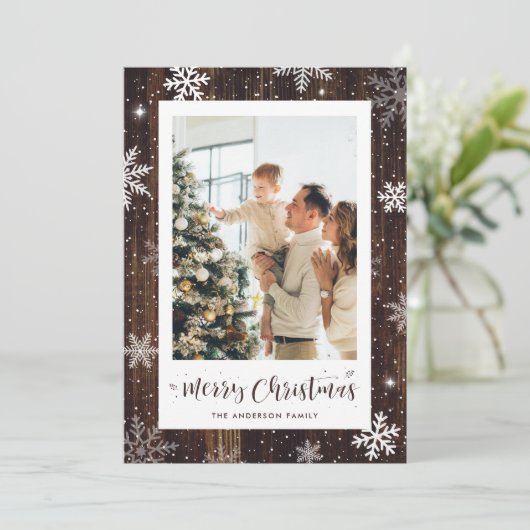 Rustige Wood Snowflake-fotokerstkaarten Feestdagenkaart (Staand voorkant)