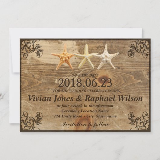 Rustige Wood & Starfish Beach Wedding Save the Dat Date (Voorkant)