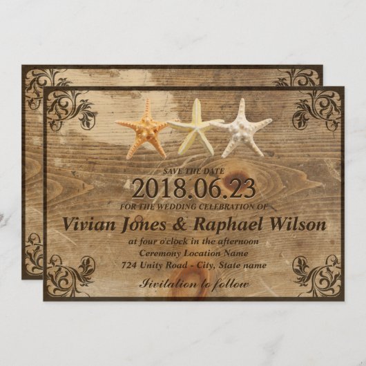 Rustige Wood & Starfish Beach Wedding Save the Dat Save The Date (Voorkant / Achterkant)