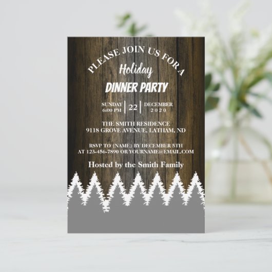 Rustige Wood String Light Pines Tree Holiday Party Kaart (Staand voorkant)