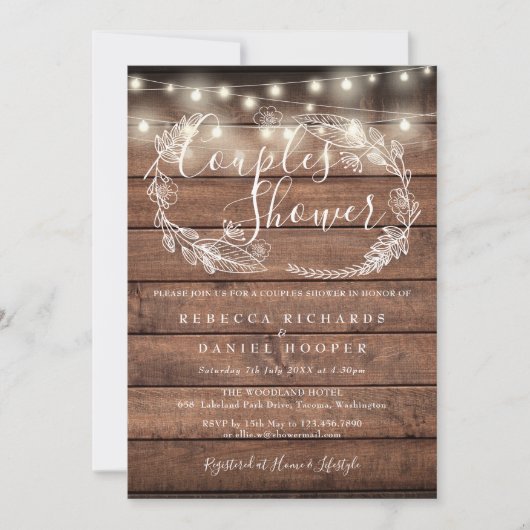 Rustige Wood String Lights Couples Shower Kaart (Voorkant)