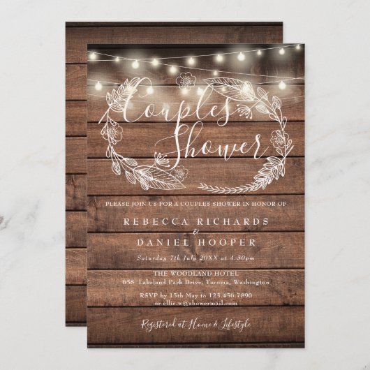 Rustige Wood String Lights Couples Shower Kaart (Voorkant / Achterkant)