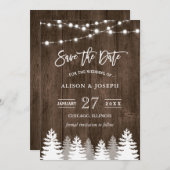 Rustige Wood String Lights Pine Tree Save the Date (Voorkant / Achterkant)