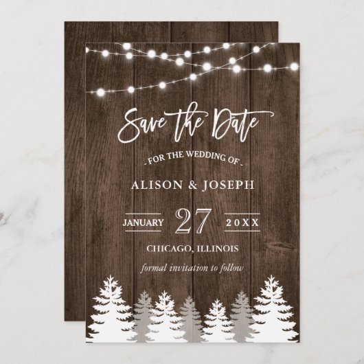 Rustige Wood String Lights Pine Tree Save the Date (Voorkant / Achterkant)