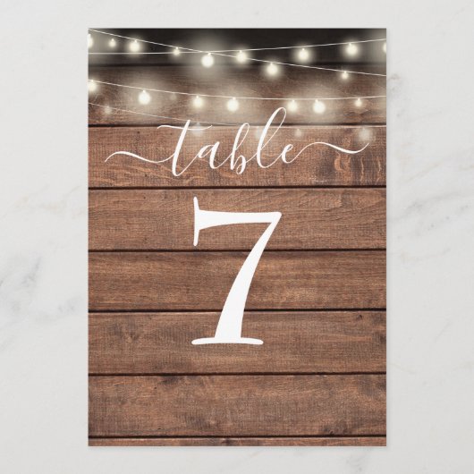 Rustige Wood String Lights Table Number Kaart (Voorkant)