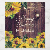 Rustige Wood Sunflower String Light Happy Birthday Wijn Etiket (Enkel label)