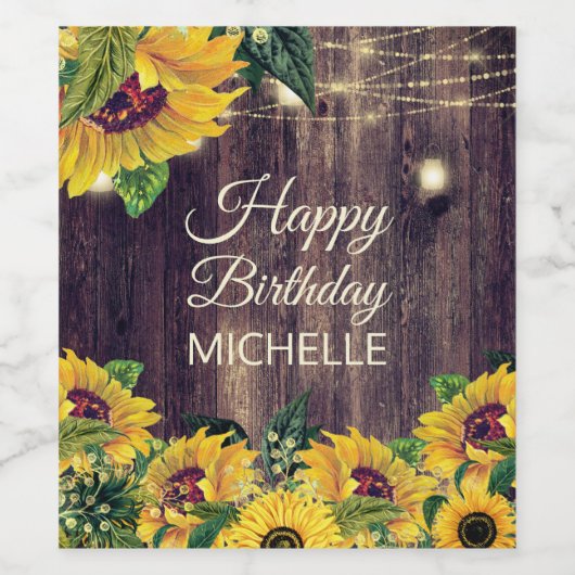 Rustige Wood Sunflower String Light Happy Birthday Wijn Etiket (Enkel label)