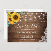 Rustige Wood Sunflower String Lights Save the Date Briefkaart (Voorkant / Achterkant)