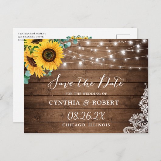 Rustige Wood Sunflower String Lights Save the Date Briefkaart (Voorkant / Achterkant)