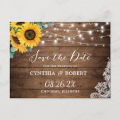 Rustige Wood Sunflower String Lights Save the Date Briefkaart (Voorkant)