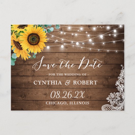 Rustige Wood Sunflower String Lights Save the Date Briefkaart (Voorkant)