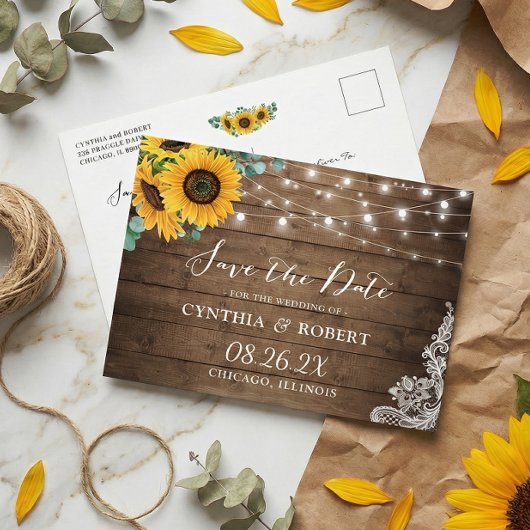 Rustige Wood Sunflower String Lights Save the Date Briefkaart