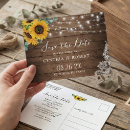 Rustige Wood Sunflower String Lights Save the Date Briefkaart