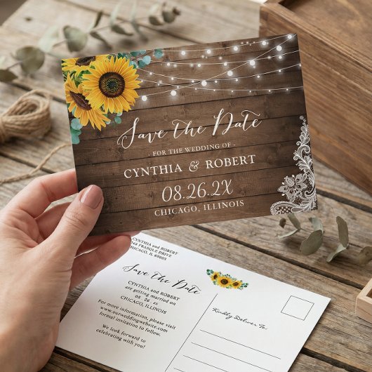Rustige Wood Sunflower String Lights Save the Date Briefkaart
