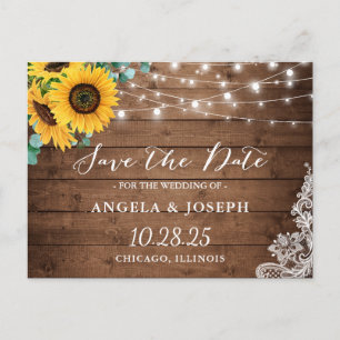 Rustige Wood Sunflower String Lights Save the Date Briefkaart