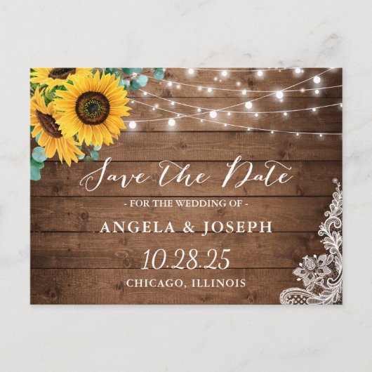Rustige Wood Sunflower String Lights Save the Date Briefkaart (Voorkant)