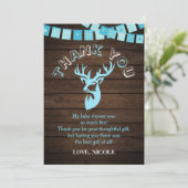 Rustige Wood Theme Blue Deer Baby Boy Shower Bedankkaart (Staand voorkant)