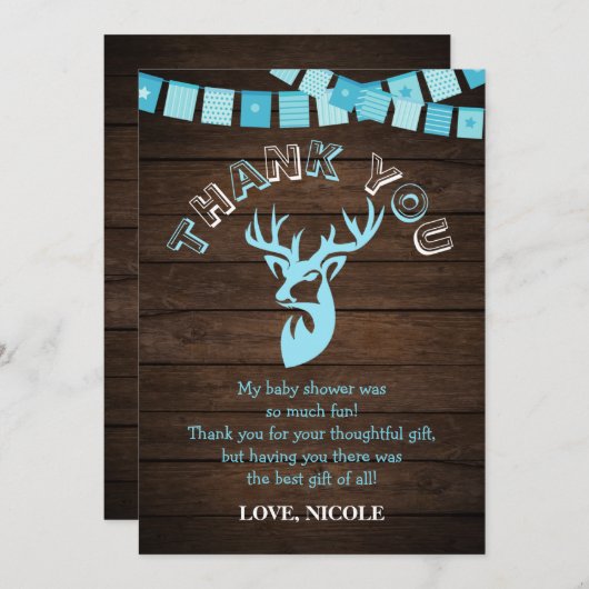 Rustige Wood Theme Blue Deer Baby Boy Shower Bedankkaart (Voorkant / Achterkant)