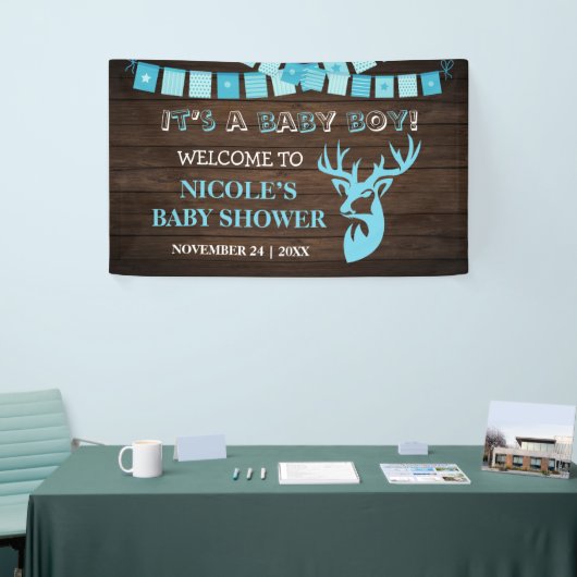 Rustige Wood Theme Deer Baby Shower Backdrop Spandoek (Beurs)